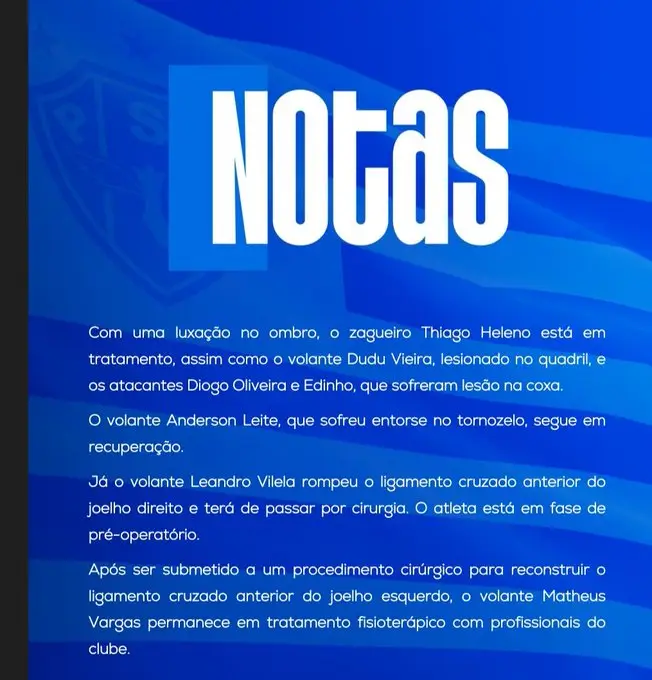 Paysandu divulgou nota explicando ausências da equipe para o jogo de hoje.