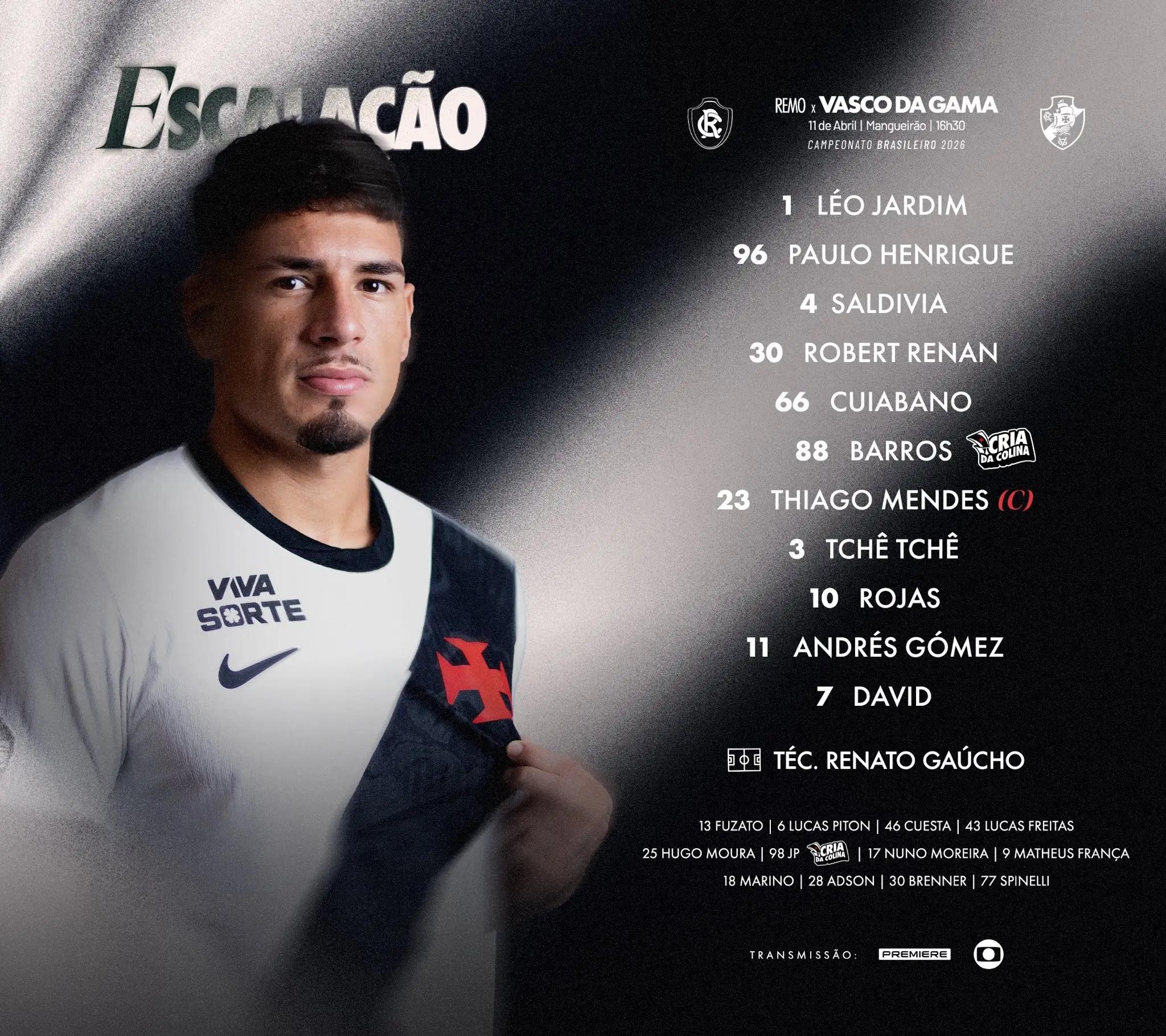 Com uma formação com três atacantes, o Vasco está assim definido: