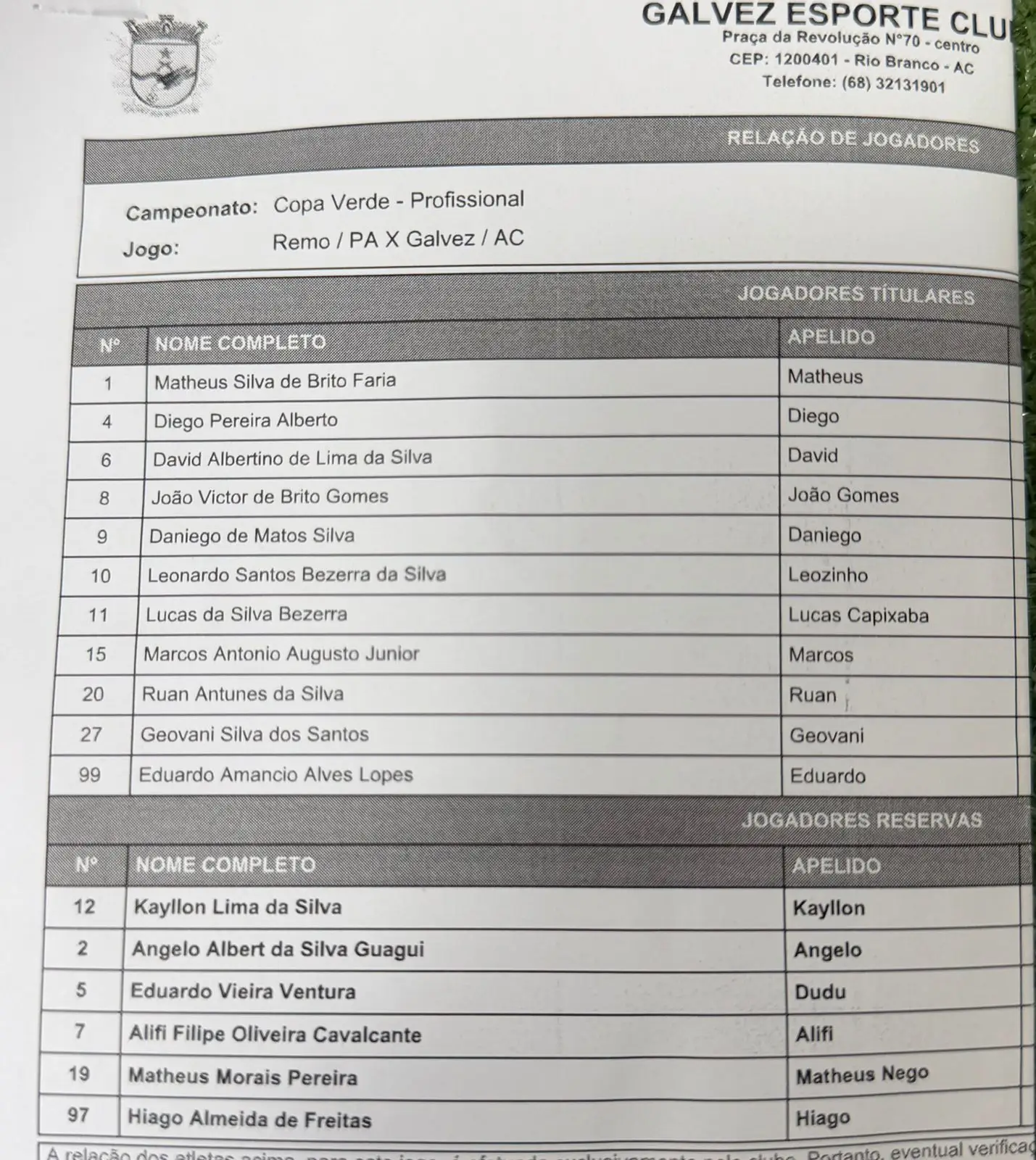 Escalação do Galvez contra o Remo